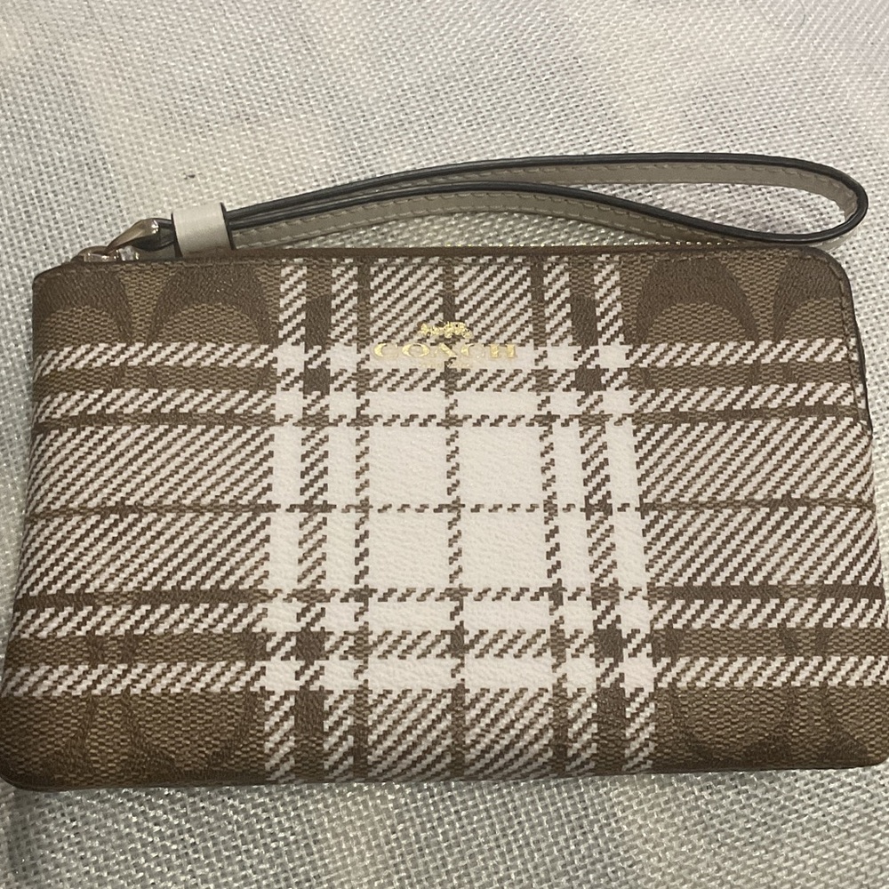 Coach Signature Plaid Wristlet in Brown/White